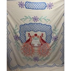 Vtg Yellow Chenille Double Pink Peacock Bedspread, Blue Border 100”x90”